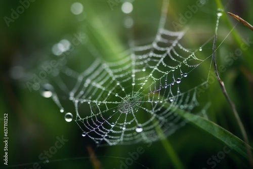 A intricate spider web glistening in the sunlight on a bed of lush green grass