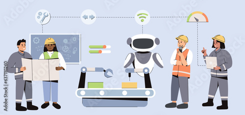 AI engineering industry. Flat team of engineers use artificial intelligence in product manufacturing automation. Process with ai robotic technology. Futuristic tech in smart factory.