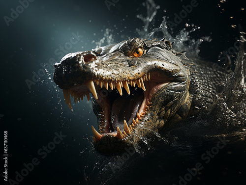 Aligator atakujący w wodzie z otwartą paszczą. © siwyk
