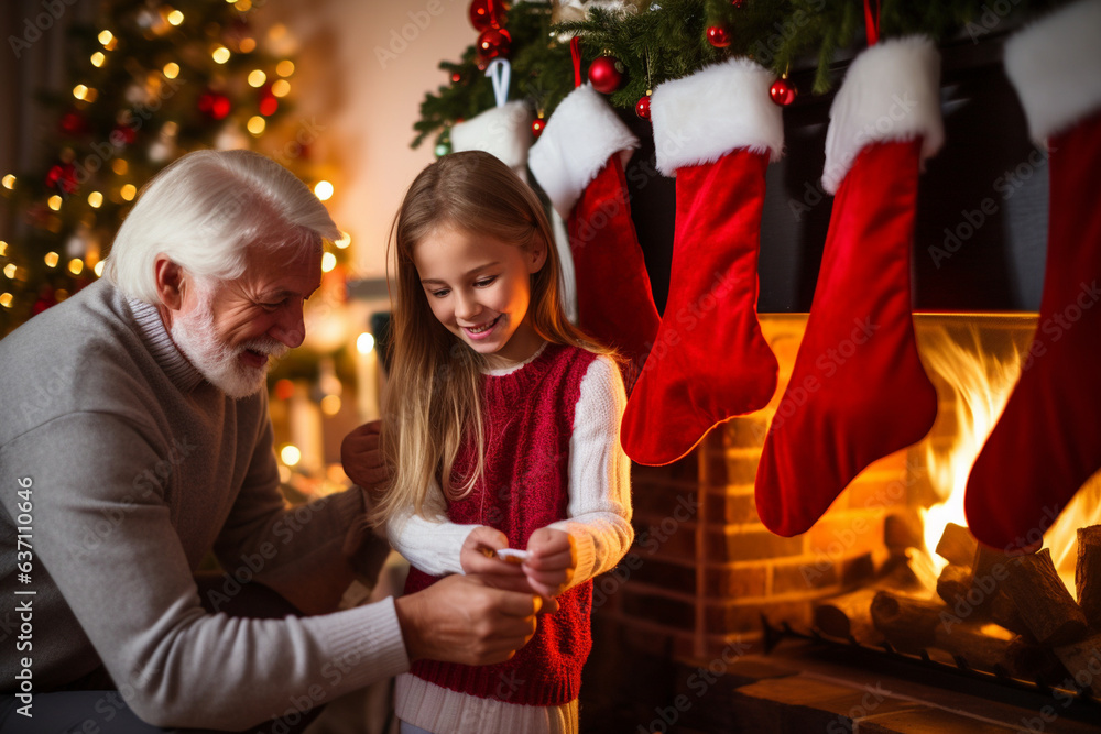 Φωτογραφία Grandparents Teaching Grandchildren How to Hang Stockings with Care , Christmas
