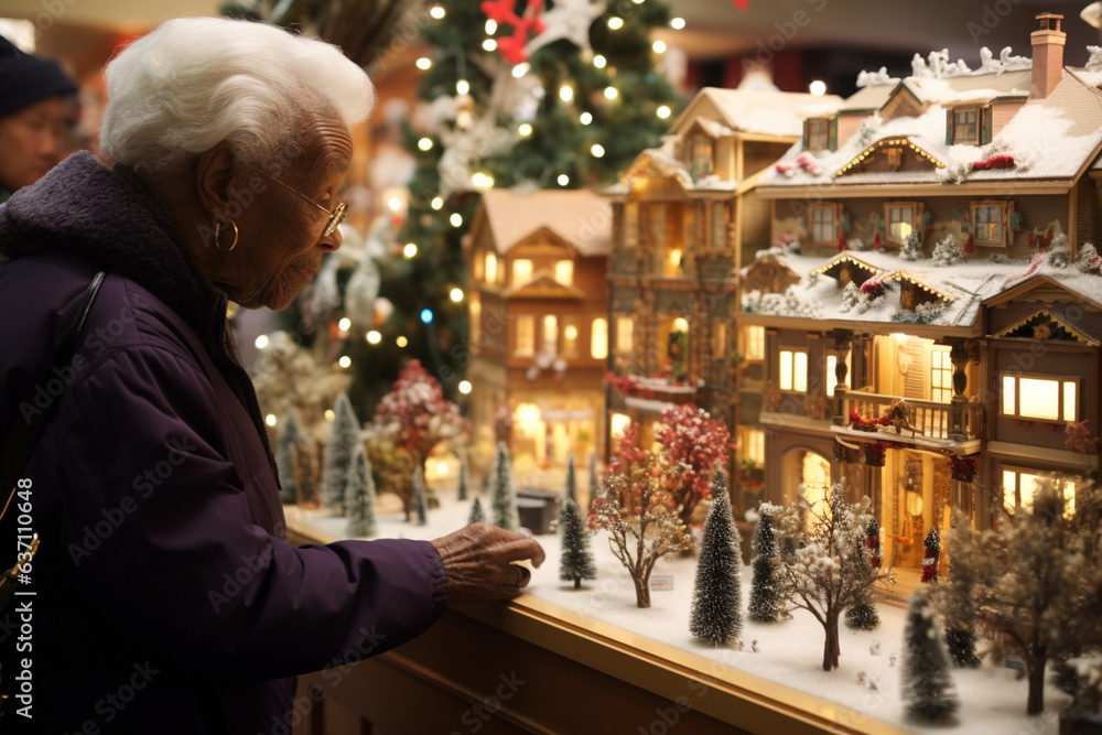 Seniors Admiring a Beautifully Decorated Christmas Village Display , Christmas Seniors Admiring a Beautifully Decorated Christmas Village Display , Christmas