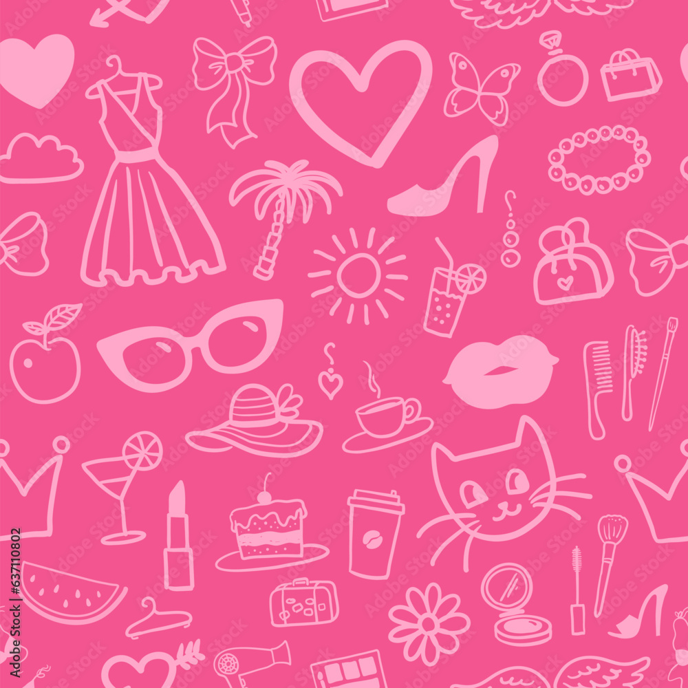 Seamless pattern in pink colors with beauty and fashion doodles