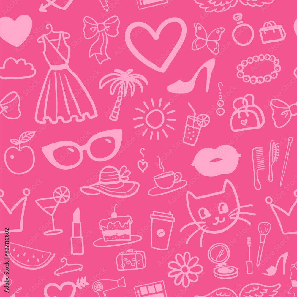 Seamless pattern in pink colors with beauty and fashion doodles Seamless pattern in pink colors with beauty and fashion doodles