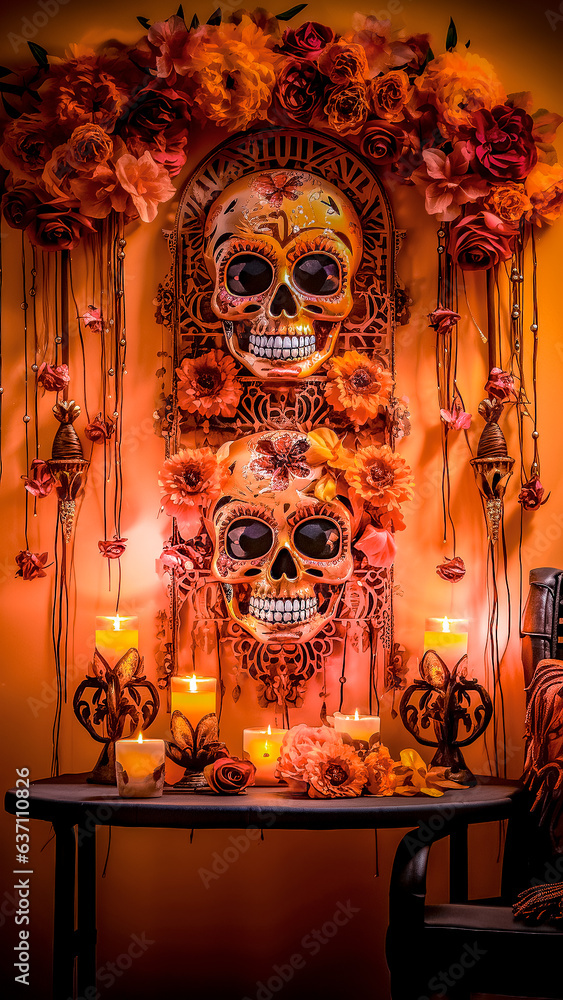 Fototapeta premium Image of a day of the dead shrine banner, rich in vibrant colors and intricate details 1