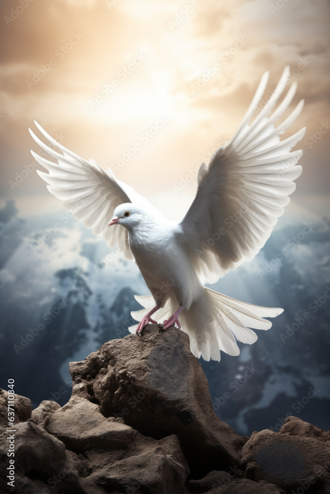 Obraz premium Global peace concept, a white dove holding an olive branch, with planet earth