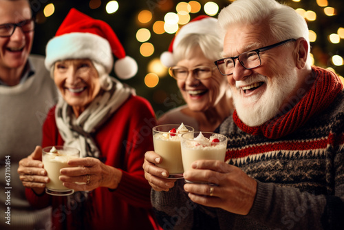 Elderly Friends Toasting with Glasses of Eggnog at a Holiday Party , Christmas   photo