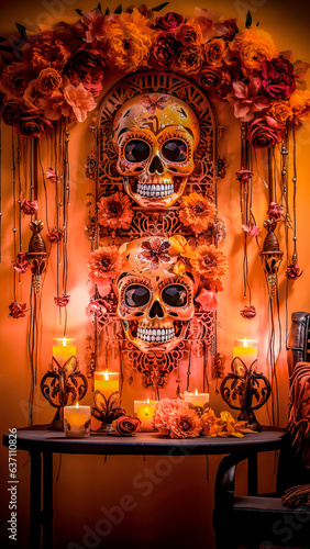 Image of a day of the dead shrine banner, rich in vibrant colors and intricate details 1
