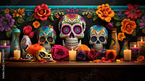 A Day of the Dead Display. Dark skull-faced women displayed in traditional Mexican event style. 3 © Floren Horcajo
