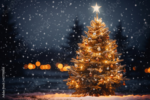 Beautifully Decorated Christmas Tree Illuminated on a Starry Christmas Eve , Christmas Eve 