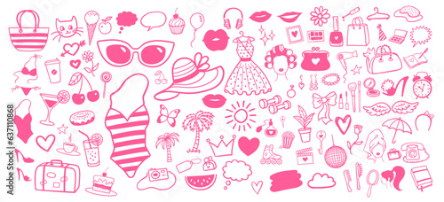 Vector illustration collection of summer vacation lifestyle isolated pink doodles photo