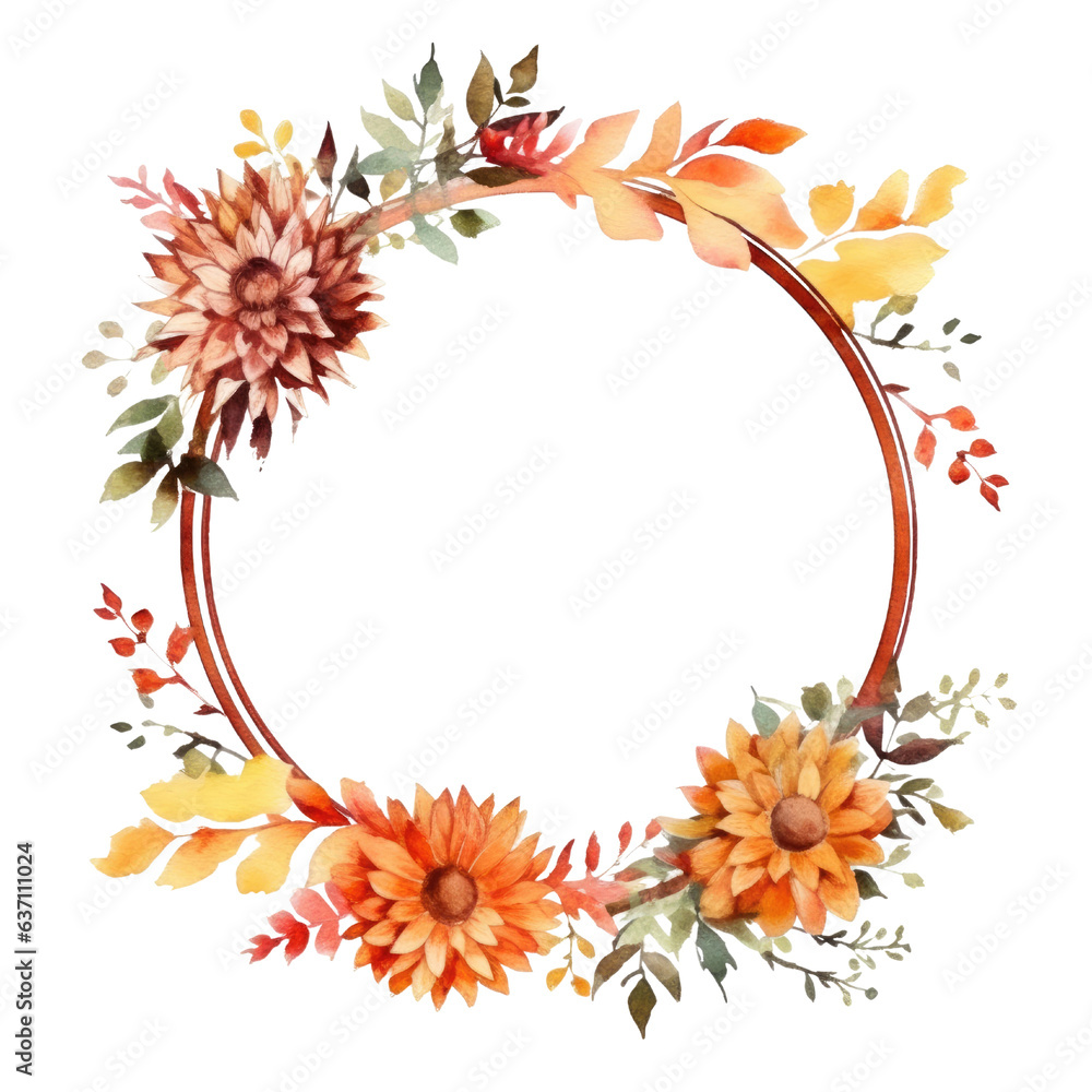 Autumn flower wreath round frame. hand drawn watercolor paint decor illustration. Generative Ai Autumn flower wreath round frame. hand drawn watercolor paint decor illustration. Generative Ai