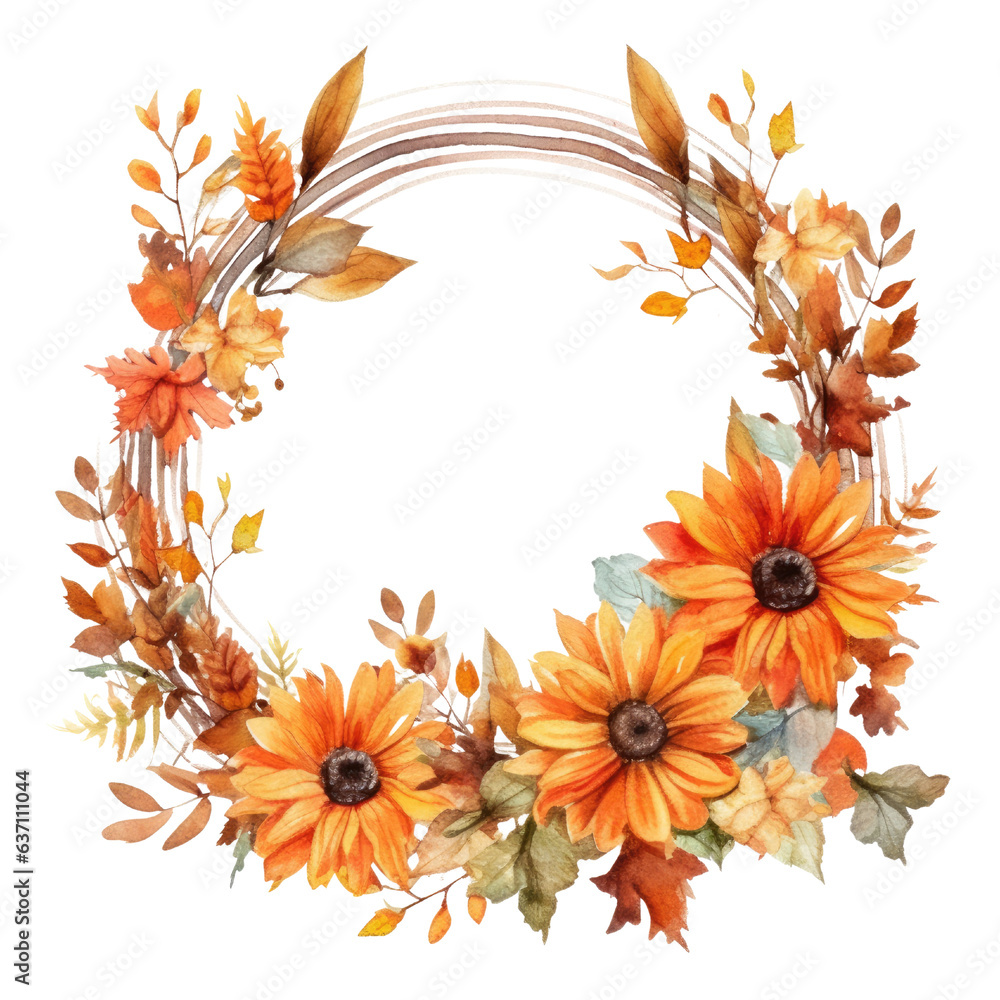 Autumn flower wreath round frame. hand drawn watercolor paint decor illustration. Generative Ai Autumn flower wreath round frame. hand drawn watercolor paint decor illustration. Generative Ai