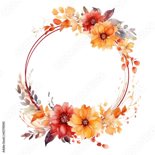 Autumn flower wreath round frame. hand drawn watercolor paint decor illustration. Generative Ai © Achira22