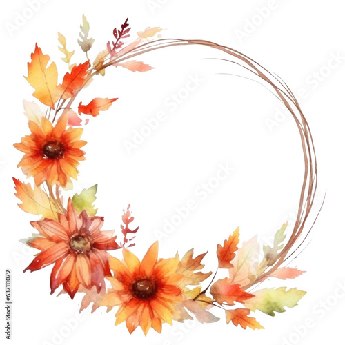 Autumn flower wreath round frame. hand drawn watercolor paint decor illustration. Generative Ai