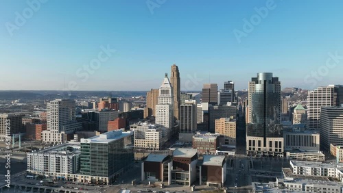 Aerial time lapse footage of downtown Cincinnati Skyscrapers Elevated with blue sky, USA photo