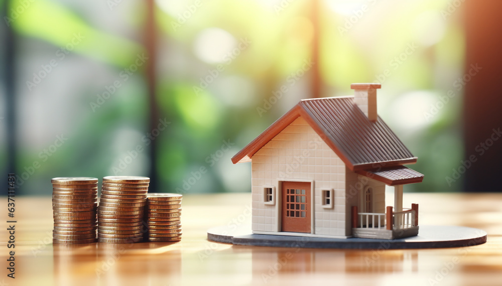Change in real estate prices concept. House, stacks of coins, growing financial stock graph on the background Change in real estate prices concept. House, stacks of coins, growing financial stock graph on the background