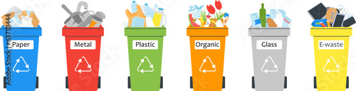Garbage separation management, flat trash containers with organic, metal and paper waste. Isolated plastic bins, recycling decent vector concept