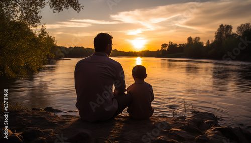 Father and son sitting by the river enjoying the sunset