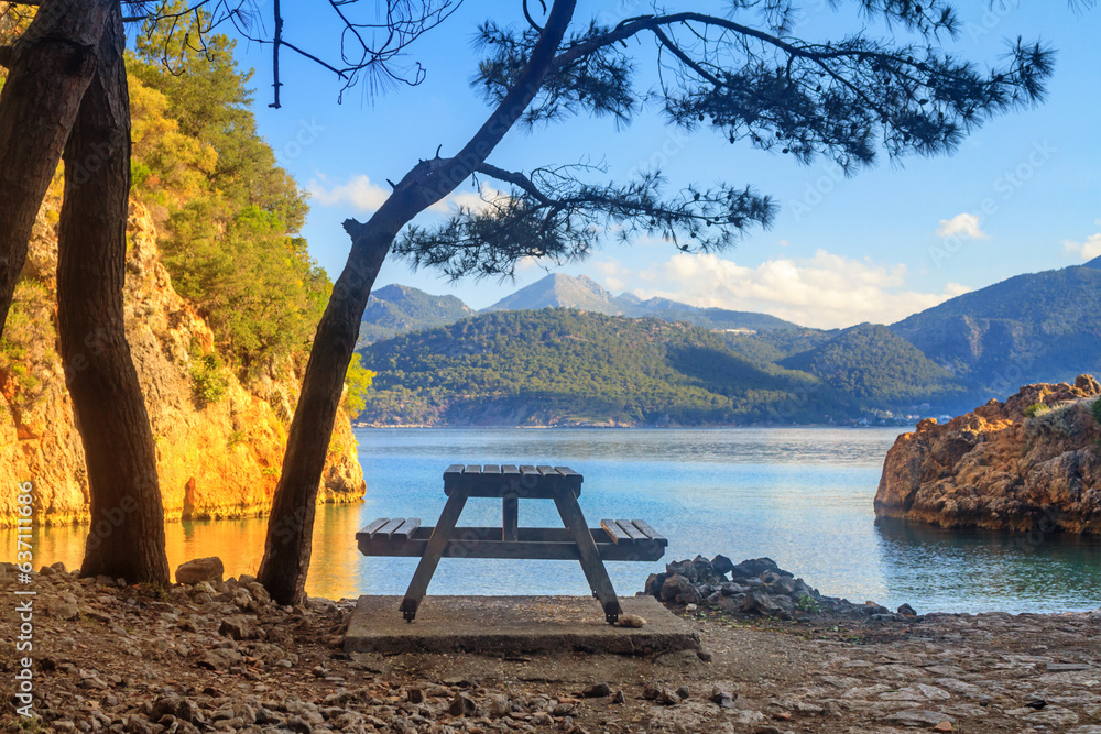 Coastal summer landscape - view of the resting place on the Lycian Way, Cape Gelidonya, Antalya Province in Turkey Coastal summer landscape - view of the resting place on the Lycian Way, Cape Gelidonya, Antalya Province in Turkey