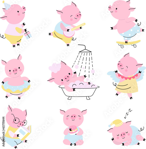 Cute pigs, cute pid activities. Piggy cartoon characters, funny childish isolated farm animal in different poses, reading, dancing nowaday vector set