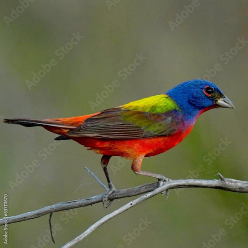 Painted Bunting perched on a thin, twisted branch reaching out from a tree trunk