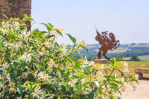 Summer city landscape - view flowers on the background of the silhouette monument to d'Artagnan in the village of Lupiac, near the castle of Castelmore, in the historical province Gascony in France
