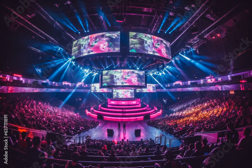 Inside of full E sport Arena, crowds of people sitting down and watching event. © VisualProduction