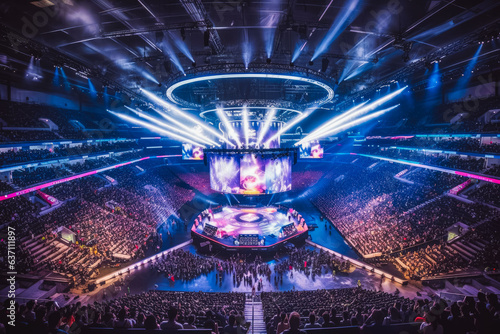 Fototapeta Naklejka Na Ścianę i Meble -  Inside of full E sport Arena, crowds of people sitting down and watching event.