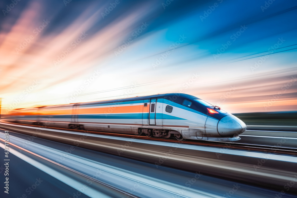 Shot of ultra fast modern train driving to his destination, fastest public transport. - obrazy, fototapety, plakaty 