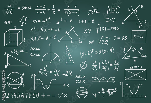 Hand drawn math signs on chalk board. Graphic and formula, mathematical, geometric or physic doodle on blackboard, neoteric vector symbols