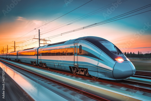 Shot of ultra fast modern train driving to his destination, fastest public transport. © VisualProduction