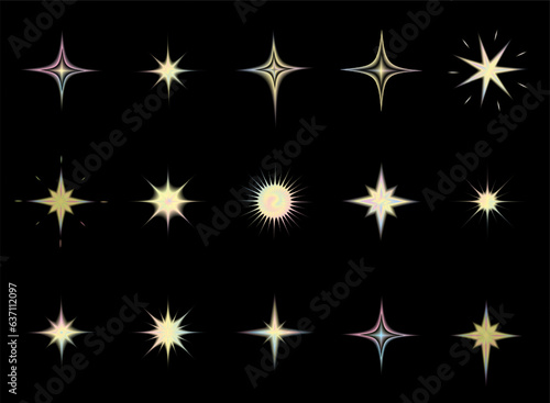 Y2k style shapes blurred gradient set. Aura aesthetic elements star, sun. Vector illustration