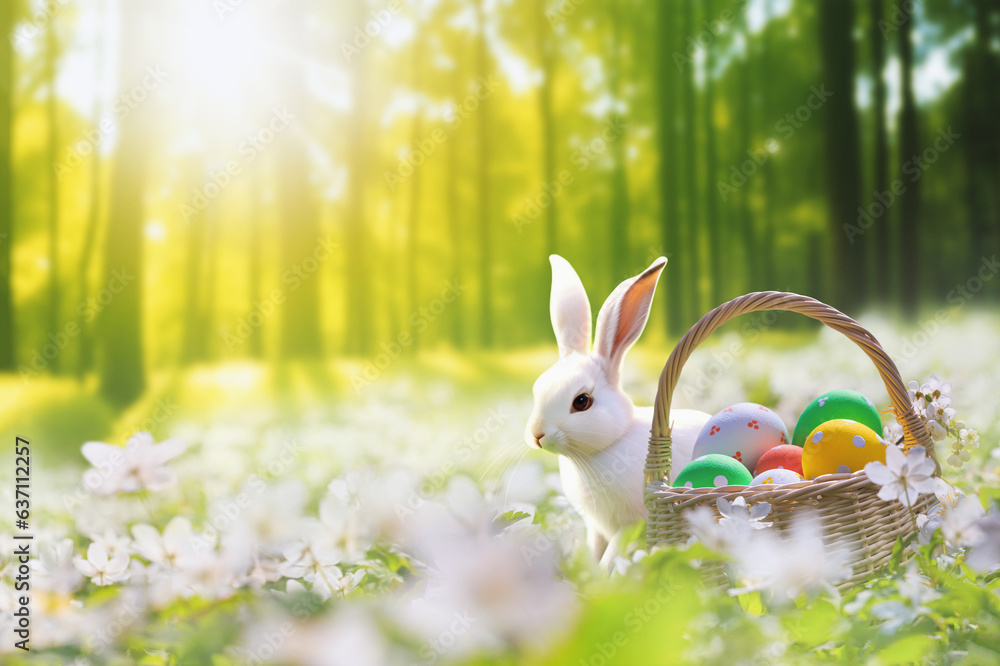 White bunny and basket with Easter eggs in the forest, selective focus - season greeting card with copy space for text