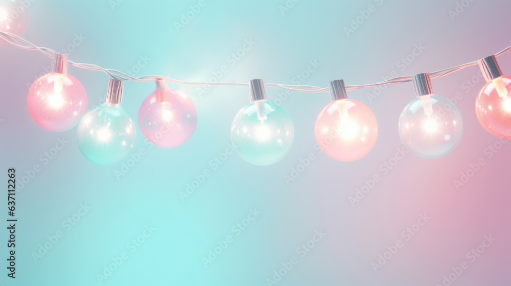 Minimal background made of pastel color christmas lights against aquamarine and pink background - obrazy, fototapety, plakaty 