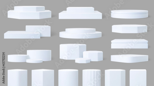 Realistic 3d podium. Products prize podiums, white empty stands for exhibit or presentation. Pedestal, museum cylinder scene, pithy vector models