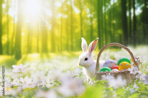 Obraz na płótnie White bunny and basket with Easter eggs in the forest, selective focus - season greeting card with copy space for text w salonie