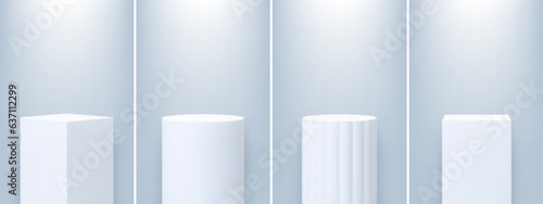 Realistic podium, interior 3d display or platform for presentation and museum with lightning. Empty pillars, base product pedestal pithy vector elements
