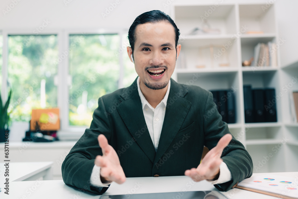 Asian businessman conference meeting online cyberspace workplace by using laptop computer, video for communication technology person, work, call and chat for business job interview in office Asian businessman conference meeting online cyberspace workplace by using laptop computer, video for communication technology person, work, call and chat for business job interview in office