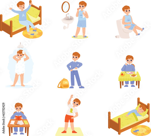 Boy daily activities, happy morning, breakfast and self hygiene. Little student day, life routine and discipline. Good habits snugly vector scenes