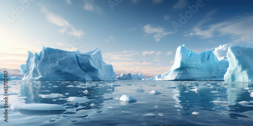 Glacier melting into the ocean. Climate change concept, global warming, rising sea levels. Massive icebergs, deep blue water, crisp cold air. Horizontal wallpaper © dinastya