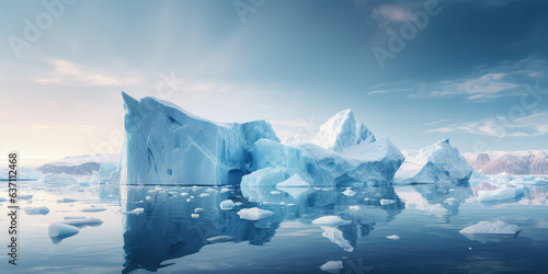 Glacier melting into the ocean. Climate change concept, global warming, rising sea levels. Massive icebergs, deep blue water, crisp cold air. Horizontal wallpaper