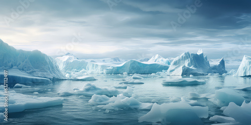 Glacier melting into the ocean. Climate change concept, global warming, rising sea levels. Massive icebergs, deep blue water, crisp cold air. Horizontal wallpaper