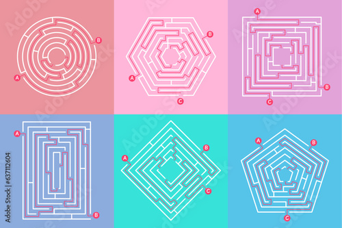 Labyrinth game graphic. Maze simple puzzle with different destinations. Find your way, finding exit out circle square labyrinths decent vector set