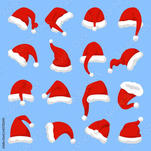 Isolated santa hats, child xmas red hat for celebrating. Christmas holiday symbols, cartoon new year creativity children neoteric vector elements