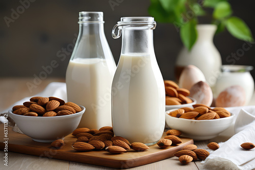 Natural white Almond milk in a glass and a bottle on a table. Many almonds nuts. 