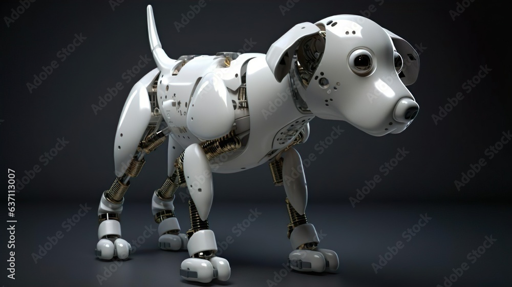 Cute robotic metal white dog. Domestic pet animal. Artificial intelligence. Smart machine robot cyber puppy. Machine learning. Cute robotic metal white dog. Domestic pet animal. Artificial intelligence. Smart machine robot cyber puppy. Machine learning.