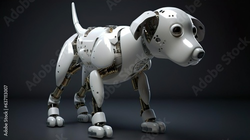 Cute robotic metal white dog. Domestic pet animal. Artificial intelligence. Smart machine robot cyber puppy. Machine learning. © Irina