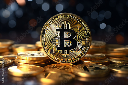 Crypto currency Bitcoin (BTC): Bitcoin golden coins on a chart, Blockchain technology, bitcoin mining concept photo