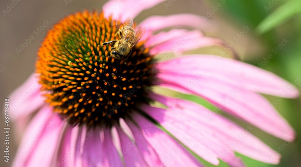 Closeup shot of a bright yellow bee resting atop a vibrant flower cone. Closeup shot of a bright yellow bee resting atop a vibrant flower cone.