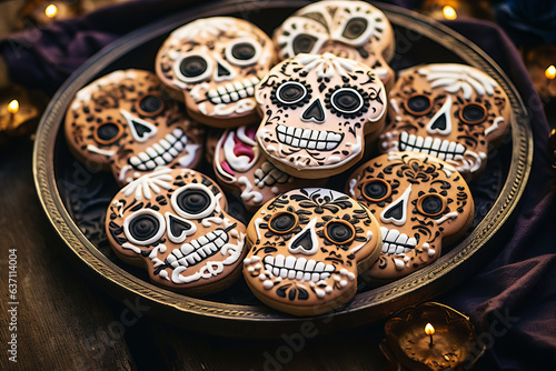 Homemade grotesque skull and skeleton sugar cookie during a Mexican folk celebration of the Day of the Dead. © Olga Gubskaya